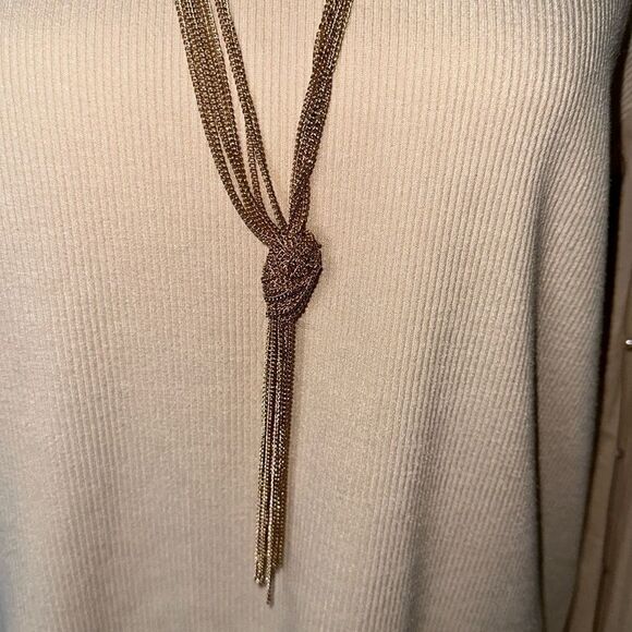 Gold Tone Multi Strand Chain Knot Tie Necklace - Picture 3 of 6